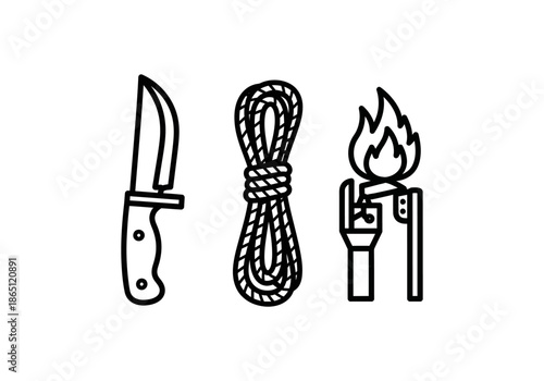 Vector Ilustration Concept Minimalist survival and camping tool icons - a fixed-blade knife, coiled rope, and a ferro rod fire starter.