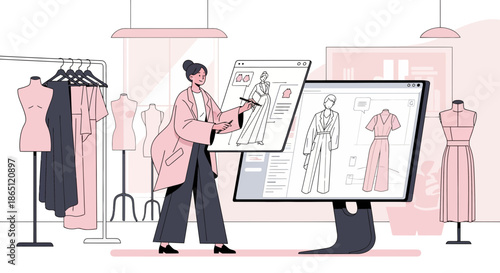 Fashion Designer at Work Creating Digital Designs in Studio.