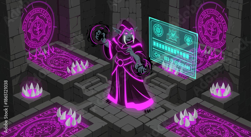 Isometric Wizard Character Casting Spell in Magical Laboratory.