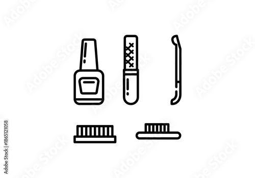 Set of tools for repair Minimalist line art icons of essential nail care tools - polish, file, pusher, brushes.