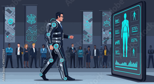 Man in Exoskeleton Suit Demonstrating Advanced Technology at Presentation.