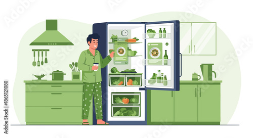Man in pajamas looking into a refrigerator with food.