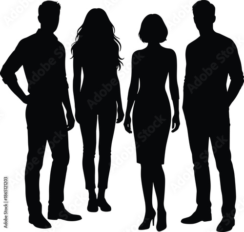 Group of stylish men and women silhouettes standing together full body isolated white background fashion lifestyle teamwork concept