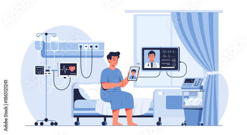 Patient in Hospital Room Using Telemedicine for Virtual Consultation.