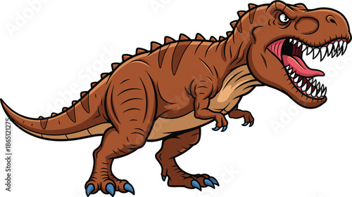 Cartoon T. rex dinosaur with sharp teeth, aggressive pose, brown body, blue claws, flat vector illustration, prehistoric icon