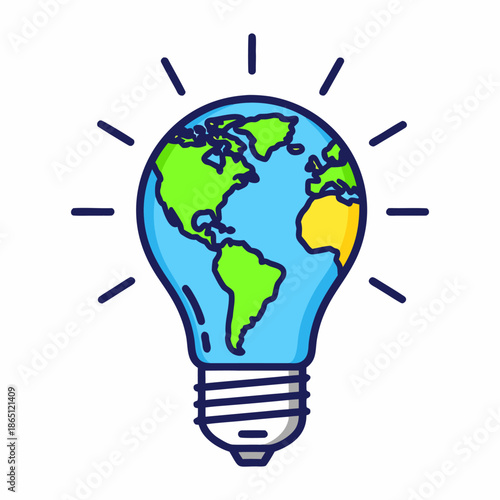 A vibrant illustration depicting a lightbulb with a world map, symbolizing global ideas for environmental solutions and sustainable innovation