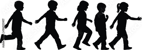 Children walking silhouettes sequence, kids movement progression illustration, boys and girls outline figures, childhood activity concept, black shadow people, lifestyle motion design