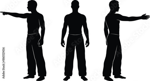 Male human silhouette pointing gesture set front side back views isolated white background studio anatomy posture concept reference stock image