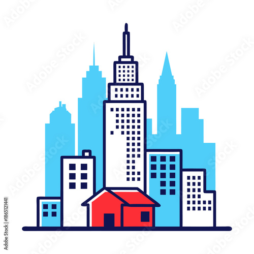 Iconic urban housing and residential dwelling within a bustling metropolis skyline, symbolizing community, home, and modern city architecture