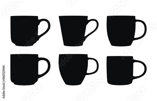 Six black coffee cups arranged in two rows on a white background