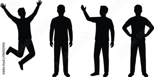Man silhouette pose set expressing emotions jumping standing waving confidence isolated white background gesture communication lifestyle concept illustration