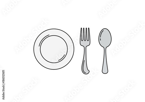 Vector Ilustration Concept Minimalist Plate, Fork, and Spoon Illustration in Gray Outline.