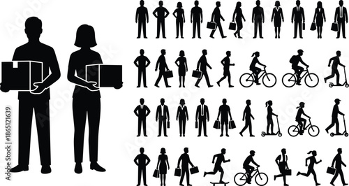 People silhouette activity set walking running cycling working delivery business lifestyle poses isolated white background infographic concept illustration