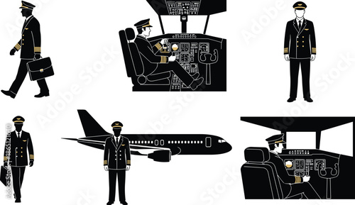 Airline pilot silhouettes set showing cockpit, aircraft and uniformed captain poses for aviation, transportation and commercial flight design concepts