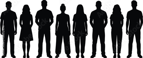 Row of diverse men and women silhouettes standing front view full body isolated white background community diversity concept illustration