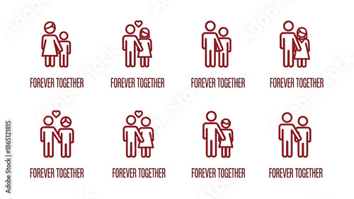 Set of simple red icons representing different family structures and relationships.