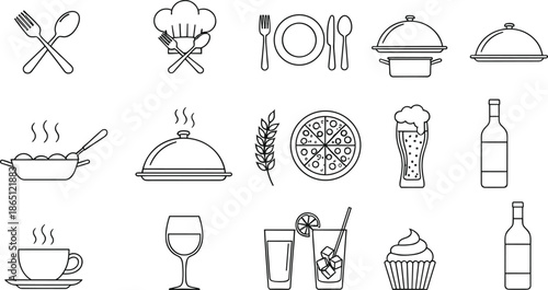 Restaurant and food service outline icons vector set featuring tableware dishes drinks cooking and hospitality symbols