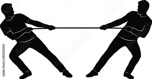 Two men silhouette playing tug of war competition strength conflict teamwork balance challenge isolated white background sport concept