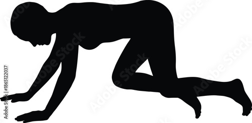 Yoga plank silhouette showing woman performing core strength exercise fitness training isolated black human figure on white background vector illustration