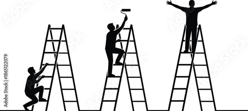 Worker silhouette climbing ladder painting wall step by step success concept isolated white background construction progress achievement illustration