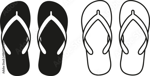 Black and white flip-flop icon set featuring silhouette and outline styles for summer, beachwear, footwear, and casual fashion themes