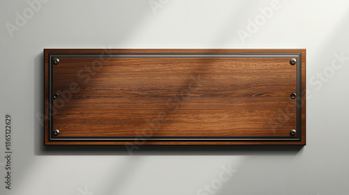 Blank Wooden Door Sign Plaque with Polished Metal Frame and Industrial Bolts for Corporate Office Wall Signage Mockup