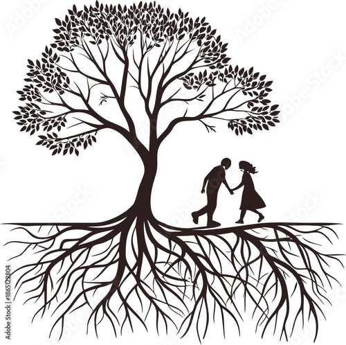 Silhouette illustration of family tree with parents and child walking above roots, symbolizing heritage, growth, ancestry, connection and life balance, ideal for storytelling art prints.