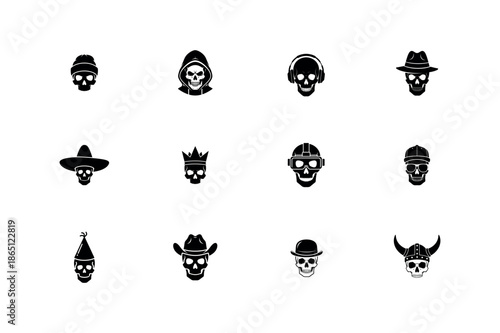 Skull Head Silhouette Set wearing Hats Helmets and Accessories for Mascot Design

