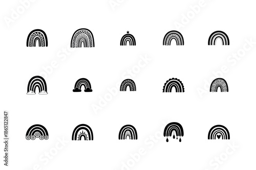 Boho Nursery Rainbow Vector Set with Hand Drawn Doodle Patterns and Hearts

