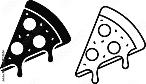 Black and white pizza slice icon set featuring silhouette and outline styles with toppings and dripping cheese for food themes