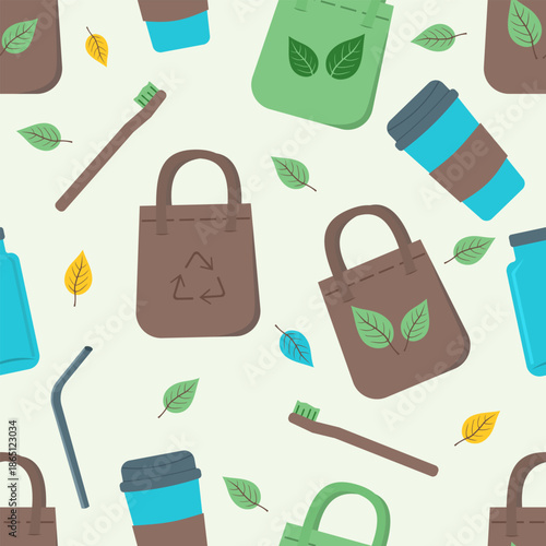 Zero waste lifestyle seamless pattern with reusable cups, bottles, and bamboo items. Flat vector background for sustainable living products, eco shop branding, and plastic-free campaigns.