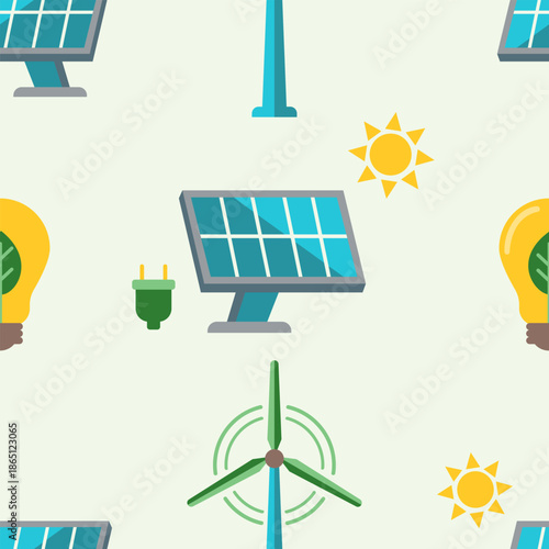 Renewable energy seamless pattern featuring solar panels, wind turbines, and light bulbs. Flat vector background for green technology reports, CSR projects, and environmental power innovations.