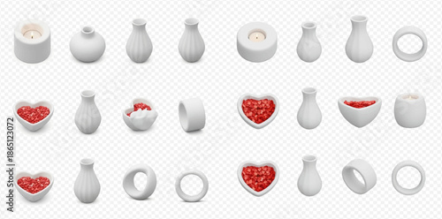Set of ceramic white vases, bowls, and candle holders with red hearts and candles.