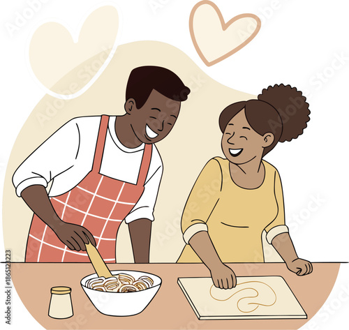 Warm illustration of loving couple cooking together in kitchen, sharing smiles and teamwork, cozy home scene symbolizing romance, family bonding, happiness and everyday life moments artfun.