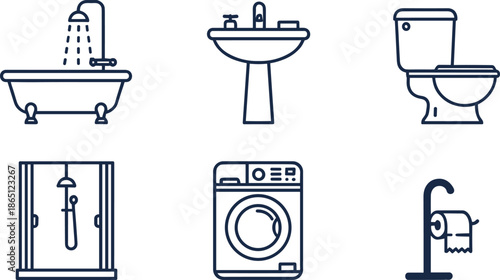 Bathroom fixtures outline vector set featuring bathtub sink toilet shower washing machine and faucet icons