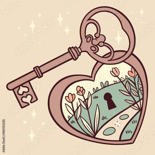 Heart shaped lock with vintage key illustration, symbol of love, trust and security, romantic floral design ideal for valentines cards, wedding invites, branding, tattoos and decorative art! s