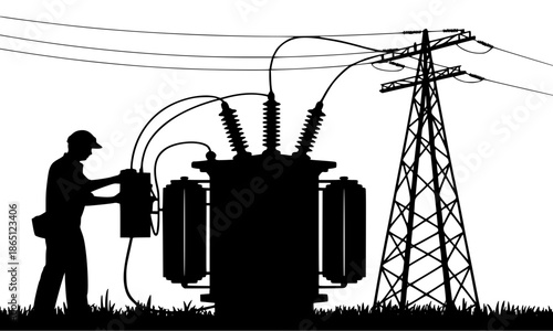 Electrical engineer working on high voltage transformer substation, power line silhouette with technician maintenance, energy industry and electricity infrastructure vector illustration