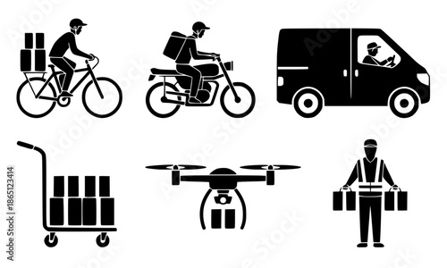 Logistics and delivery service icon set, vector silhouettes of courier on bicycle, motorcycle, delivery van, shipping drone, freight trolley, and warehouse worker carrying packages