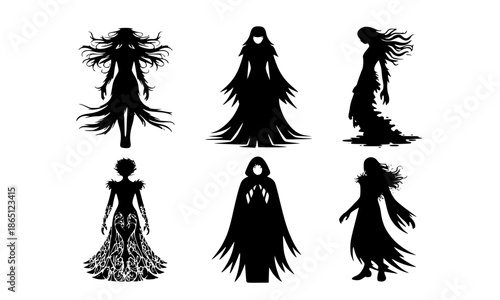 Set of dark fantasy female silhouettes, creepy gothic ghost and witch characters in long tattered dresses, spooky horror spirits and sorceress collection isolated on white background