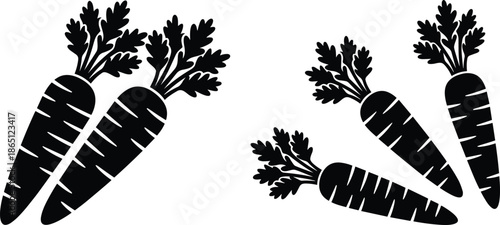 Black carrot silhouettes in two groups on white background, ideal for food design, quantity comparison, or educational visuals.Web