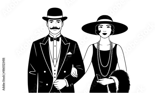 Elegant 1920s vintage couple in Gatsby style evening wear, man in tuxedo and bowler hat with woman in flapper dress and pearls, classic retro black and white vector illustration on white background