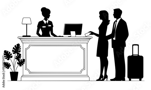 Black and White Hotel Reception Check-In Silhouette Vector Illustration - Receptionist Greeting Guests Couple with Luggage Front Desk Plant Lamp Hospitality Travel Service Graphic Design Elements