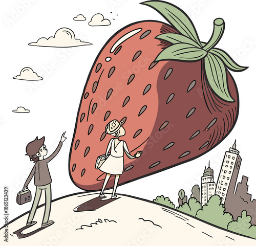 Surreal illustration of giant strawberry dominating city landscape with tiny people observing, creative fantasy concept symbolizing imagination, scale contrast, dreams and modern storytelling art!