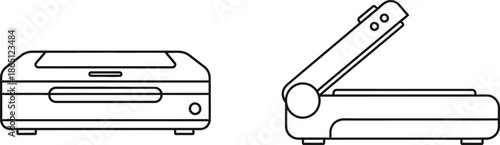 Linear drawing of a scanner in two views on transparent background silhouette