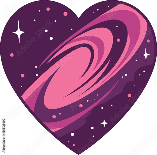 Cosmic heart illustration with swirling galaxy inside, vibrant pink and purple space art symbolizing universal love, mystery and imagination, perfect for posters, branding, astrology and decor