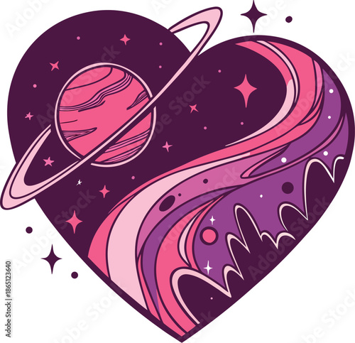 Cosmic heart illustration with flowing galaxy shapes, planet rings, and stars. Vibrant pink and purple space art symbolizing love, universe, fantasy, and creativity in modern vector style.