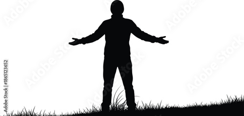 A man with arms outstretched in a welcoming pose on transparent background silhouette