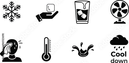 Cooling elements set with snowflake ice and fan silhouette on transparent background