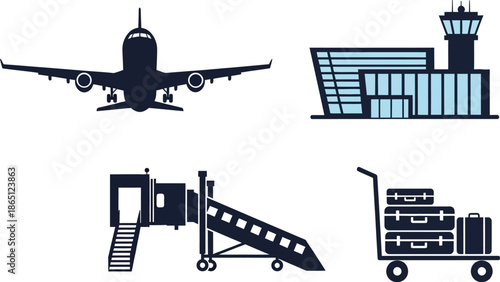Airport icons featuring plane control tower stairs and luggage on transparent background silhouette