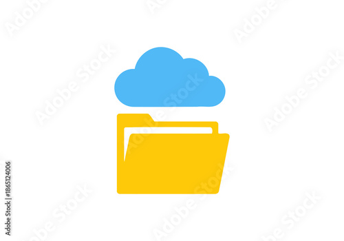 Cloud computing concept Minimalist yellow file folder and blue cloud icon representing digital cloud computing and online document storage.